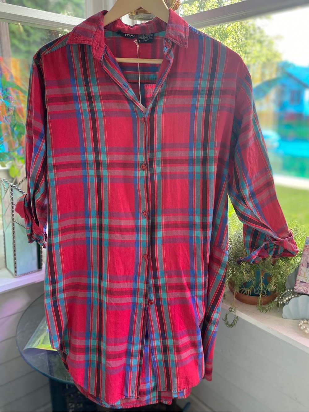 Unique vintage 80s Red Plaid Button-Down Shirt - with back buttons